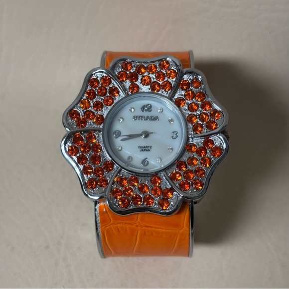 Strada Ladies Fashion Gem Quartz Watch Flower Silver Tone 2" Cuff Bracelet - Picture 1 of 6